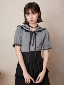 ROMWE Kawaii Áo cánh cổ thủy thủ viền vải gingham, đi học - Đen và trắng - Xem 2