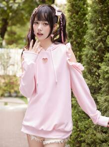 ROMWE Kawaii 素色鏤空荷葉邊抽繩連帽衫 - 粉色 - 查看 2