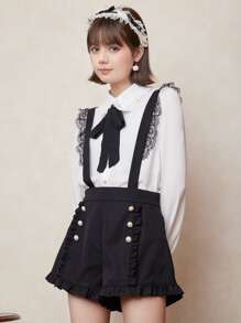 ROMWE Kawaii Shorts de talle alto ribete con fruncido con botones - Negro - Ver 3