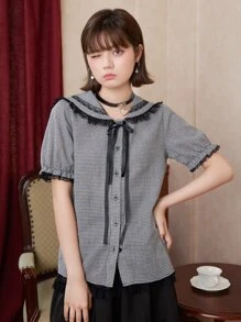 ROMWE Kawaii Áo cánh cổ thủy thủ viền vải gingham, đi học - Đen và trắng - Xem 3