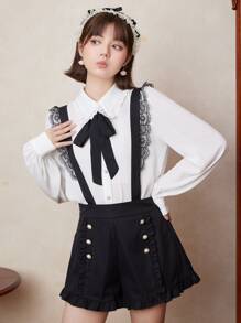 ROMWE Kawaii Shorts de talle alto ribete con fruncido con botones - Negro - Ver 4