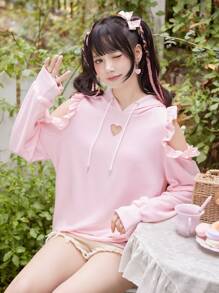 ROMWE Kawaii 素色鏤空荷葉邊抽繩連帽衫 - 粉色 - 查看 4