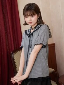 ROMWE Kawaii Áo cánh cổ thủy thủ viền vải gingham, đi học - Đen và trắng - Xem 4