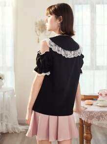 ROMWE Kawaii Contrast Lace Cut Out Bow Blouse - Black and White - View 5