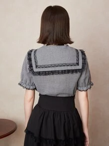 ROMWE Kawaii Áo cánh cổ thủy thủ viền vải gingham, đi học - Đen và trắng - Xem 5