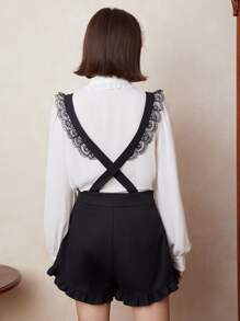 ROMWE Kawaii Shorts de talle alto ribete con fruncido con botones - Negro - Ver 6