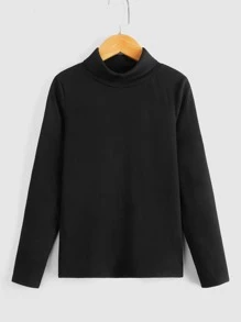 SHEIN Tween Boys' High Neck Solid Color Long Sleeve T-Shirt, Casual Daily Wear, Autumn-Winter - Black - View 3