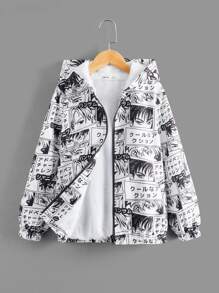 SHEIN Boys Pop Art Print Hooded Jacket - Black and White - View 1