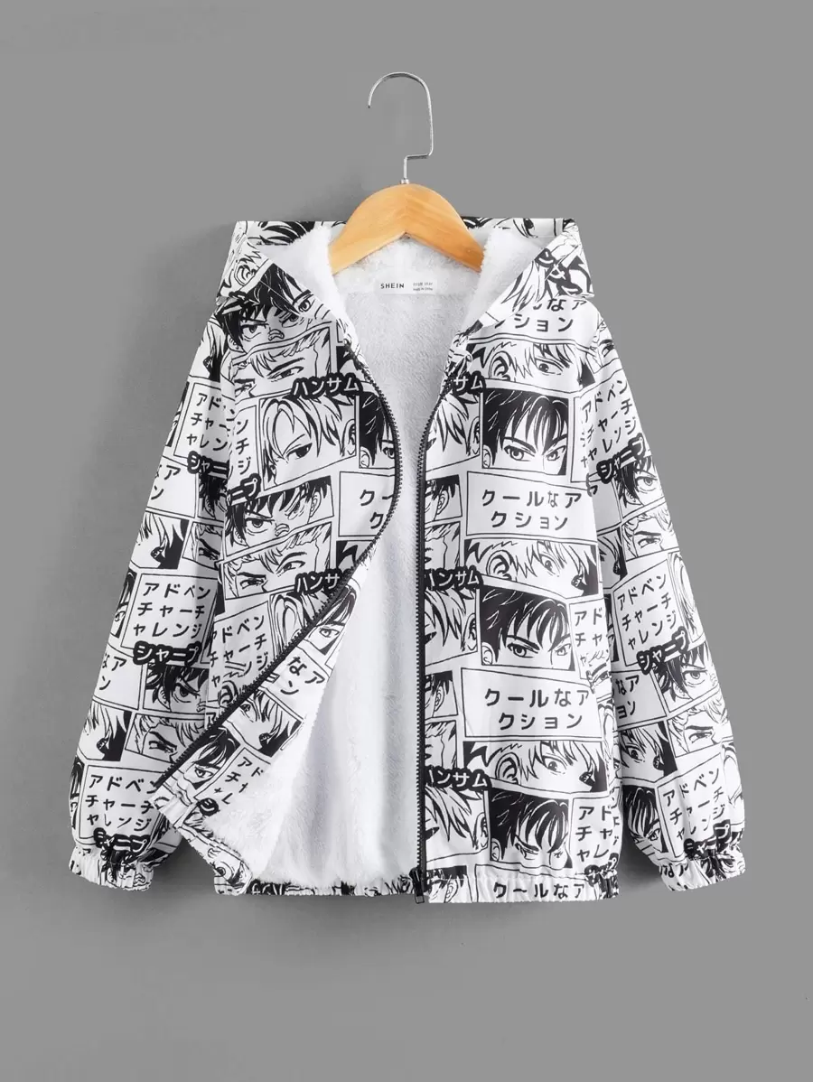SHEIN Boys Pop Art Print Hooded Jacket - Black and White - View 1