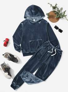 SHEIN 男孩袋鼠口袋素色連帽衫和運動褲 - 霧霾藍 - 查看 1