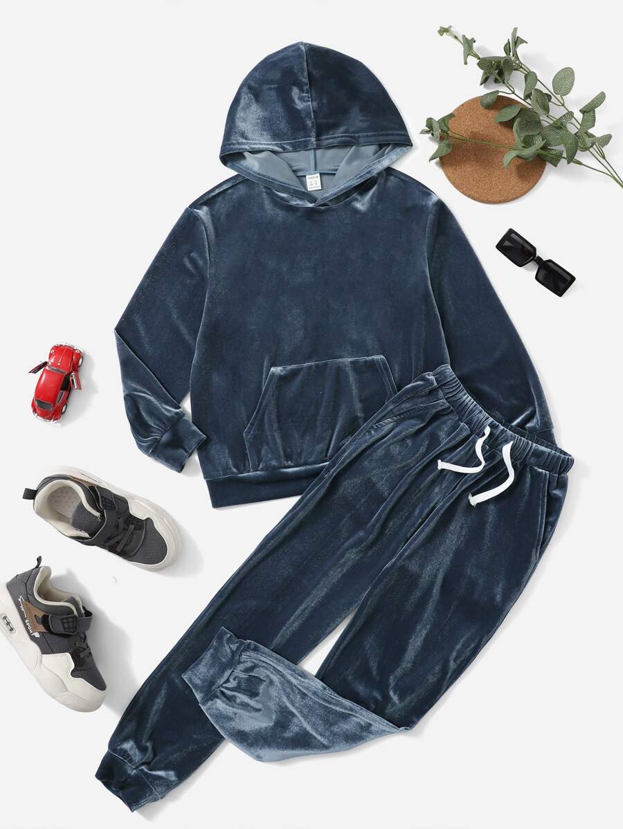 SHEIN 男孩袋鼠口袋素色連帽衫和運動褲 - 霧霾藍 - 查看 1