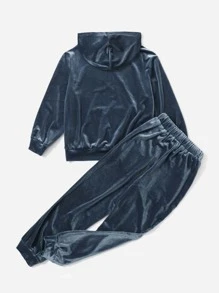 SHEIN 男孩袋鼠口袋素色連帽衫和運動褲 - 霧霾藍 - 查看 2