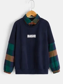 SHEIN 男孩格紋和字母圖案假兩件套頭衫 - 藏蓝色 - 查看 1