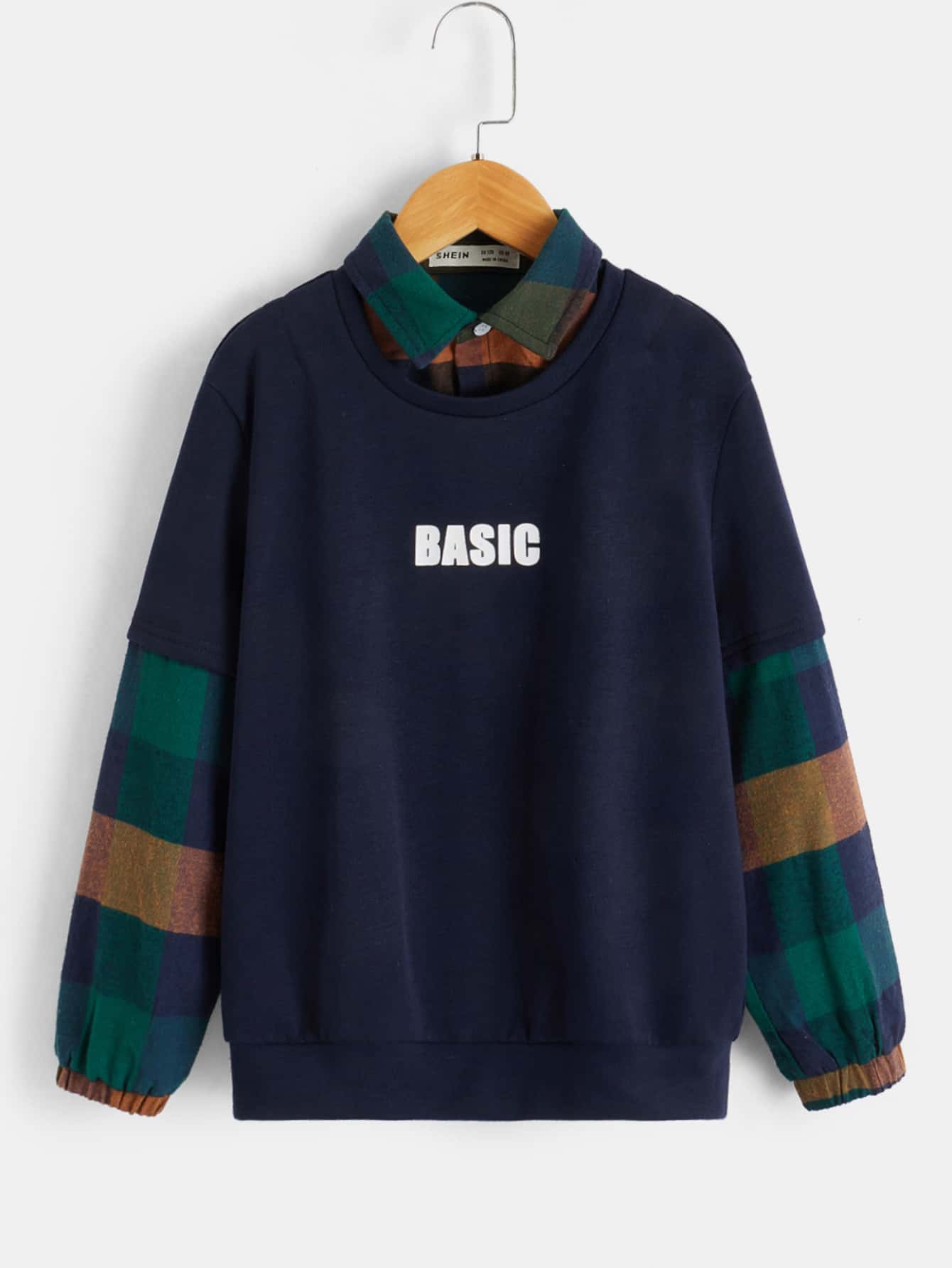 SHEIN 男孩格紋和字母圖案假兩件套頭衫 - 藏蓝色 - 查看 1