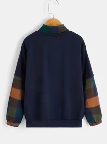 SHEIN 男孩格紋和字母圖案假兩件套頭衫 - 藏蓝色 - 查看 2