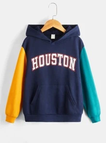 SHEIN Boys Letter Graphic Colourblock Hoodie - Navy Blue - View 1
