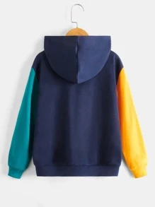 SHEIN Boys Letter Graphic Colourblock Hoodie - Navy Blue - View 2