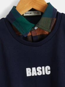 SHEIN 男孩格紋和字母圖案假兩件套頭衫 - 藏蓝色 - 查看 12