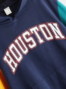 SHEIN Boys Letter Graphic Colourblock Hoodie - Navy Blue - View 11