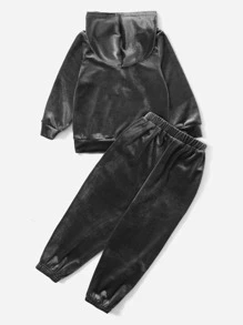 SHEIN 小男童袋鼠口袋連帽衫和運動褲 - 深灰色 - 查看 2