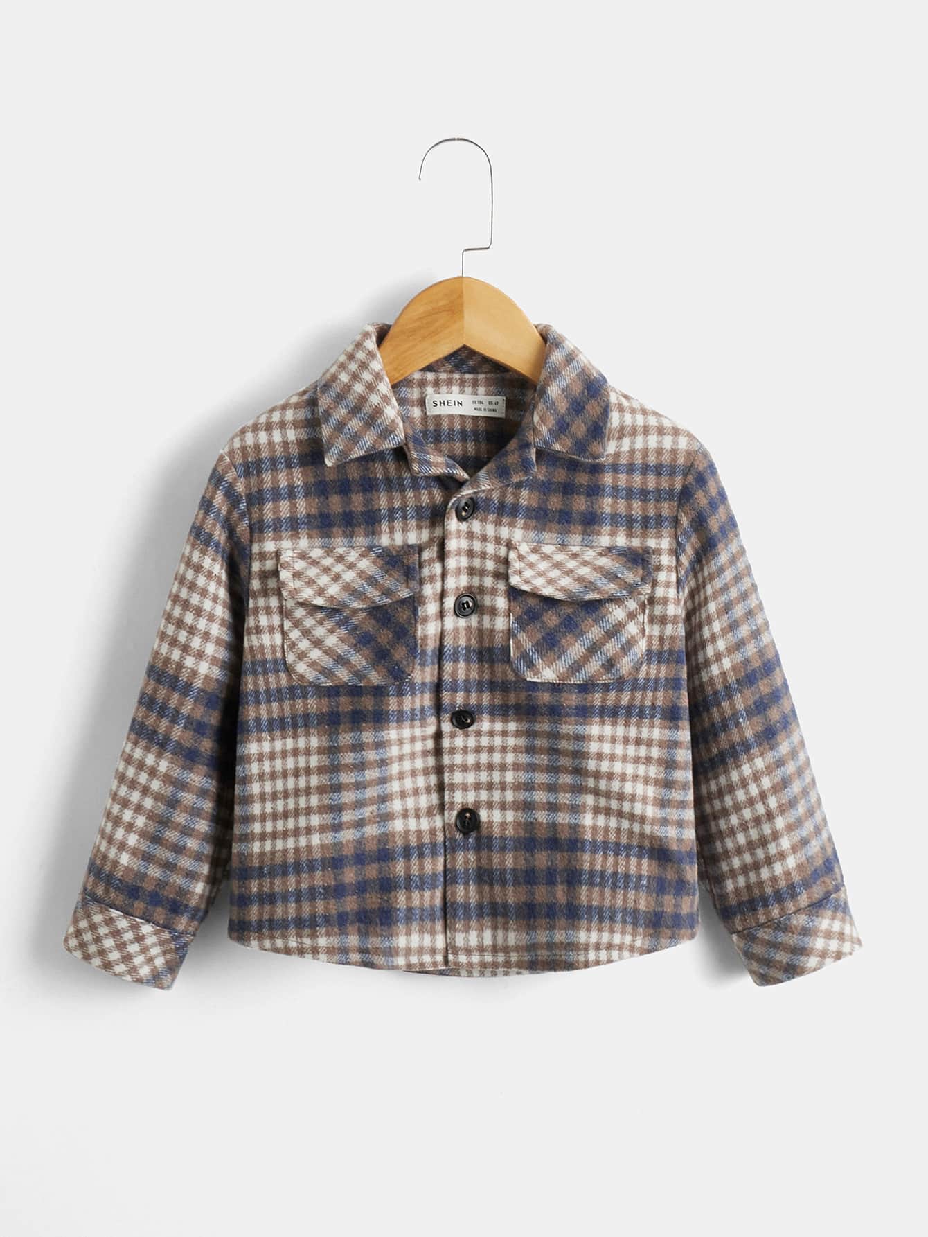 SHEIN 小男童格紋印花翻蓋口袋花呢外套
