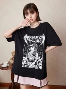 ROMWE Kawaii Letter Skull Graphic Oversized Tee - Black - View 1