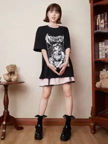 ROMWE Kawaii Letter Skull Graphic Oversized Tee - Black - View 2
