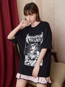 ROMWE Kawaii Letter Skull Graphic Oversized Tee - Black - View 5