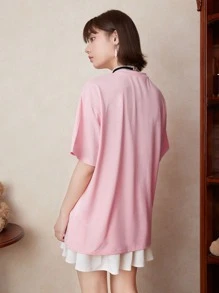 ROMWE Kawaii Cartoon Graphic Drop Shoulder Tee - Baby Pink - View 5