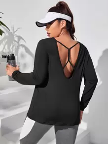 Easithlete Plus Crisscross Cut Out Back Sports Tee - Black - View 1