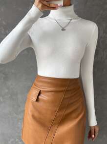 SHEIN Essnce Turtleneck Ribbed Knit Jumper - White - View 3