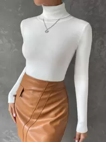 SHEIN Essnce Turtleneck Ribbed Knit Jumper - White - View 4