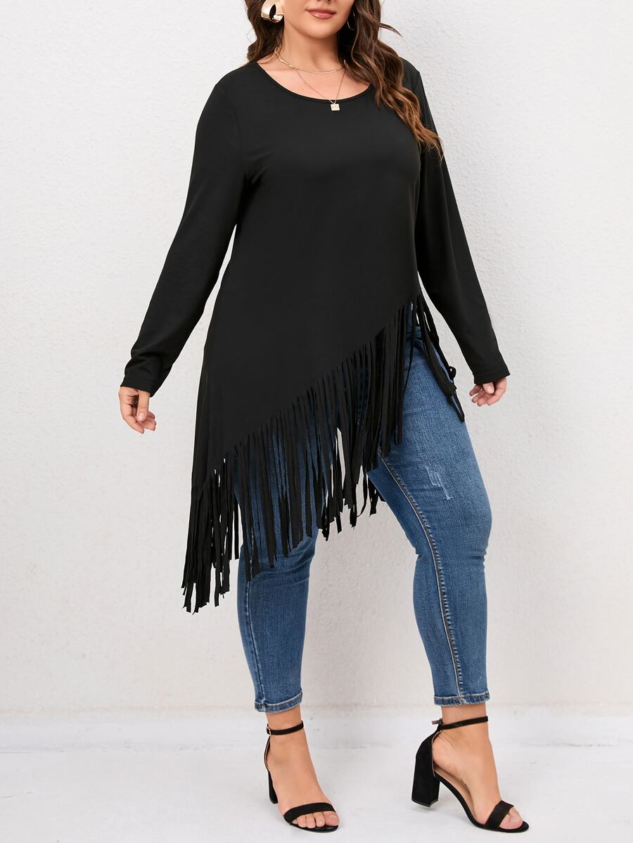 SHEIN LUNE Plus Fringe Asymmetrical Hem Tee - Black - View 1