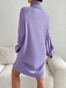 SHEIN Essnce 高領麻花編織落肩袖毛衣洋裝不附腰帶 - 紫色 - 查看 2