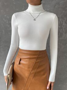 SHEIN Essnce Turtleneck Ribbed Knit Jumper - White - View 6