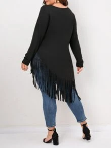 SHEIN LUNE Plus Fringe Asymmetrical Hem Tee - Black - View 2
