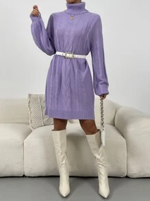 SHEIN Essnce 高領麻花編織落肩袖毛衣洋裝不附腰帶 - 紫色 - 查看 3