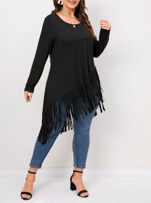 SHEIN LUNE Plus Fringe Asymmetrical Hem Tee - Black - View 4