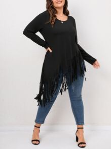 SHEIN LUNE Plus Fringe Asymmetrical Hem Tee - Black - View 5