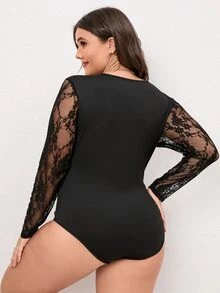 Plus Plunge Neck Contrast Lace Sleeve Bodysuit - Black - View 2