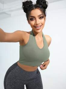 Yoga Basic 羅紋針織露背短款運動掛脖上衣 - 薄荷綠 - 查看 2