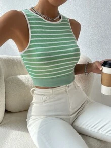 SHEIN Essnce Striped Print Crop Tank Top - Green - View 3
