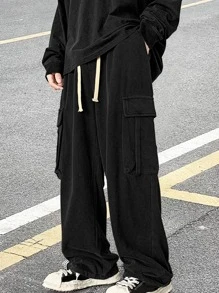 Manfinity Hypemode Nam Túi nắp bên cạnh Eo dây rút Lỏng lẻo Quần thể thao bảo Cargo - màu đen - Xem 1