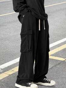 Manfinity Hypemode Nam Túi nắp bên cạnh Eo dây rút Lỏng lẻo Quần thể thao bảo Cargo - màu đen - Xem 8