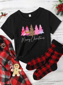 Girls 1pc Christmas & Slogan Graphic Tee - Black - View 1