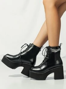 Botas con diseño de cadena con cordón delantero - Negro - Ver 5