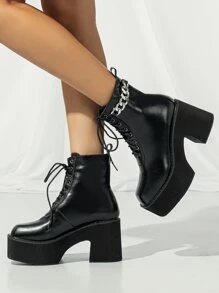 Botas con diseño de cadena con cordón delantero - Negro - Ver 6