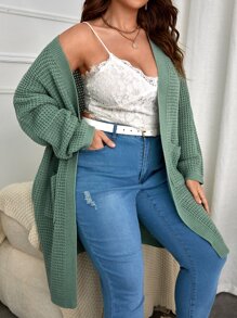 SHEIN LUNE áo hở cổ kích thước lớn Túi màu trơn Giải trí - Màu xanh Cadet - Xem 1