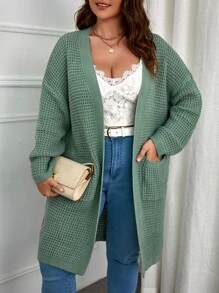 SHEIN LUNE áo hở cổ kích thước lớn Túi màu trơn Giải trí - Màu xanh Cadet - Xem 3