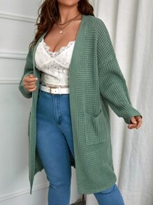 SHEIN LUNE áo hở cổ kích thước lớn Túi màu trơn Giải trí - Màu xanh Cadet - Xem 5